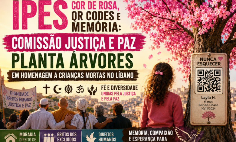 Thumbnail jornalística sobre ação da Comissão Justiça e Paz da CNBB que propõe plantar ipês cor-de-rosa com QR codes em homenagem a crianças mortas no Líbano, reunindo católicos, muçulmanos, budistas e ateus em defesa dos direitos humanos e da paz.